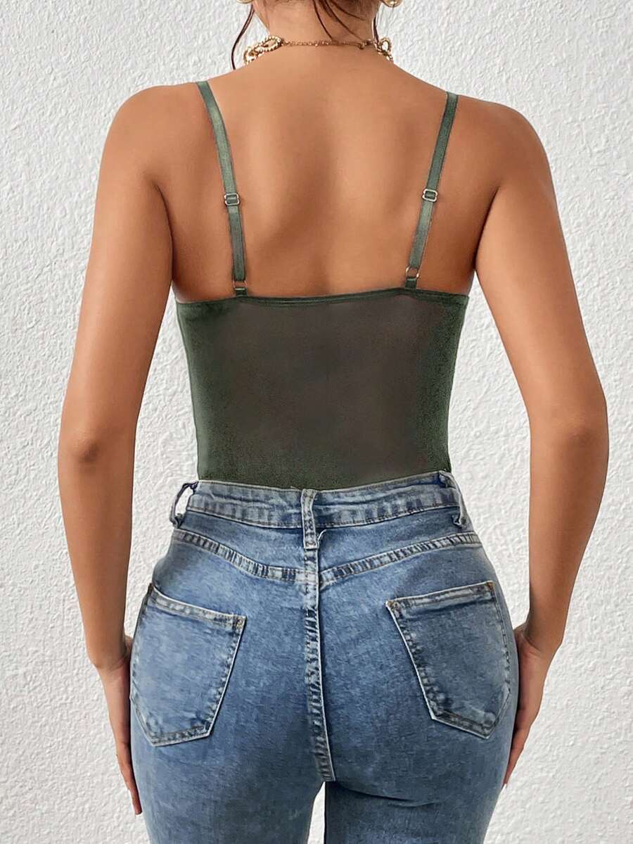 Apricot lace patchwork bodysuit for women featuring contrast corset detailing and spaghetti straps.