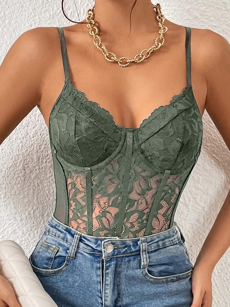 Apricot lace patchwork bodysuit for women featuring contrast corset detailing and spaghetti straps.
