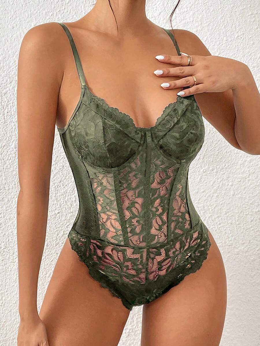 Apricot lace patchwork bodysuit for women featuring contrast corset detailing and spaghetti straps.