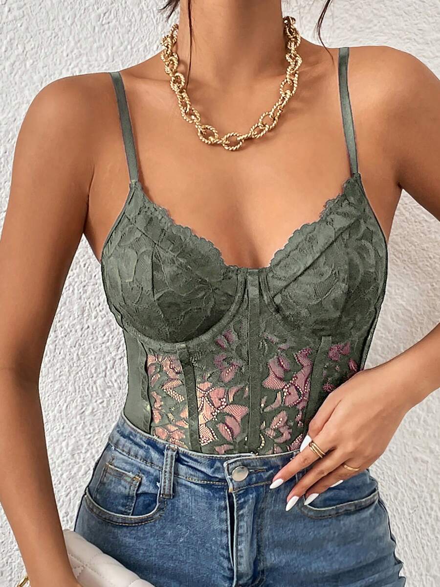 Apricot lace patchwork bodysuit for women featuring contrast corset detailing and spaghetti straps.
