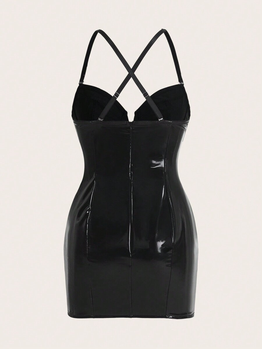 Women's black lace cami mini dress featuring spaghetti straps, a criss-cross backless design, and a slim fit pencil hem.