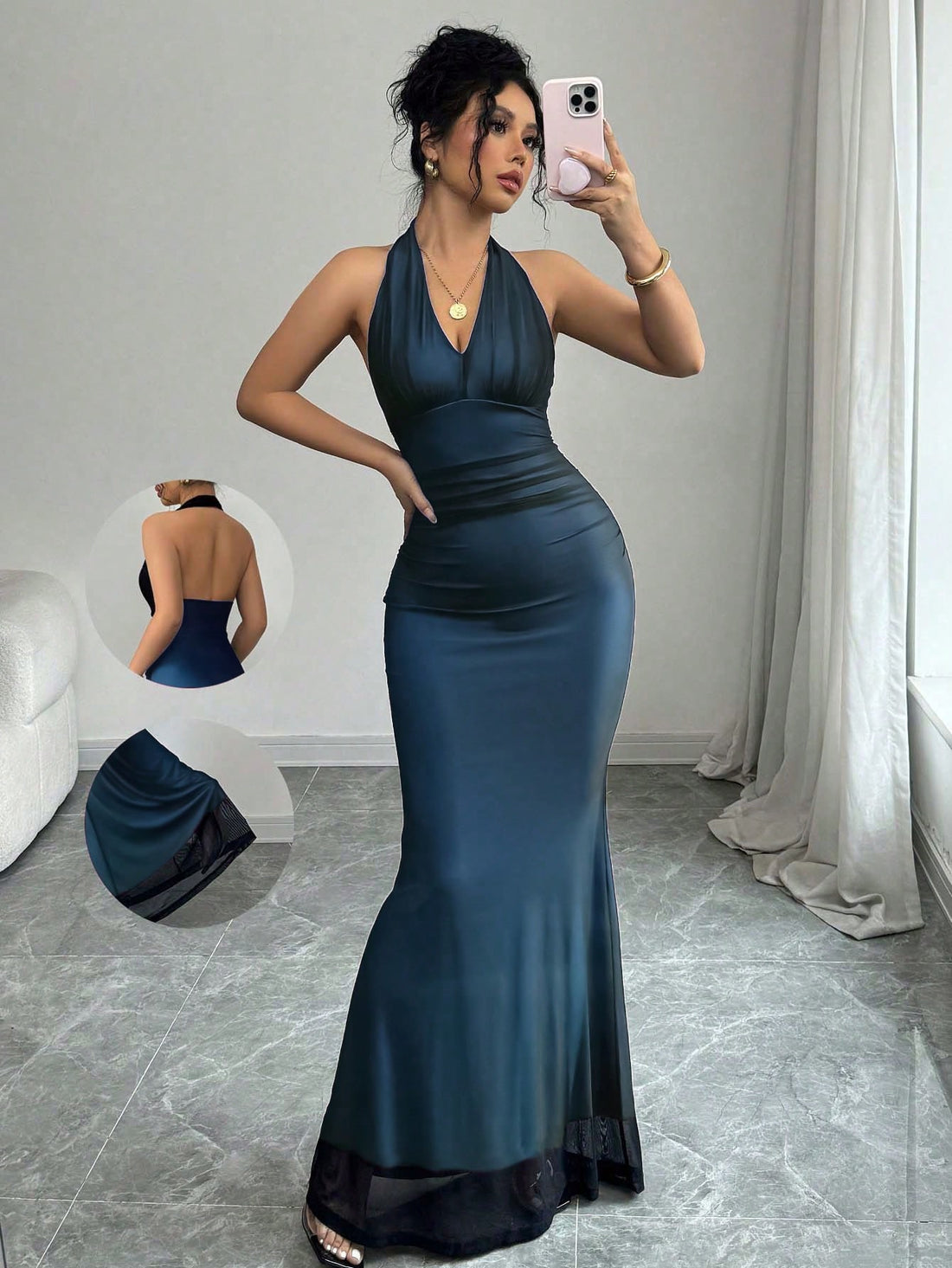 Women's long sleeve mermaid bodycon dress in high-stretch mesh fabric featuring a halter backless neckline, ruched high waist, and slim fit silhouette for formal evening wear.