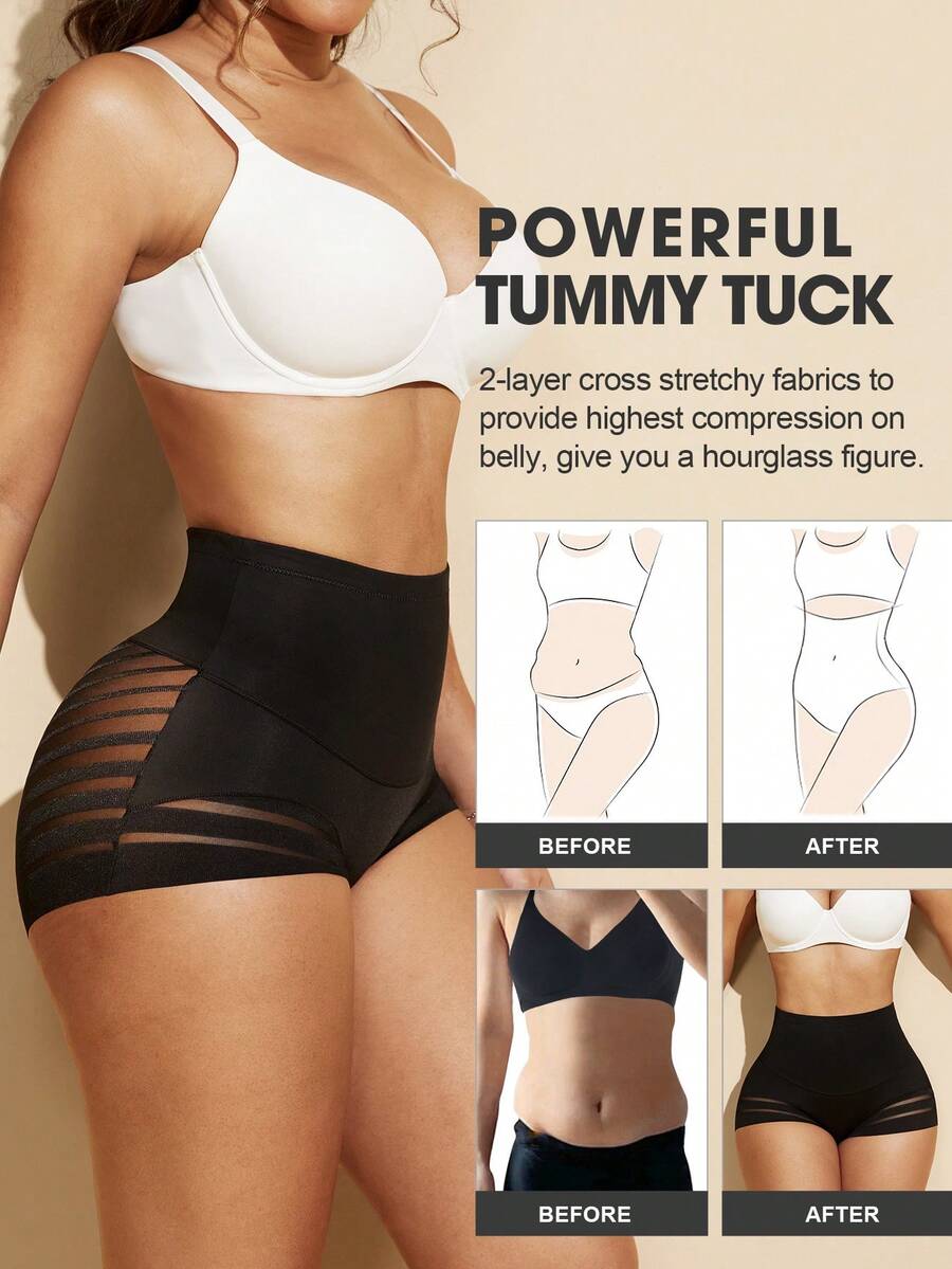 Black high waist shaping panties with striped mesh detailing and ultra light tummy control support for women.