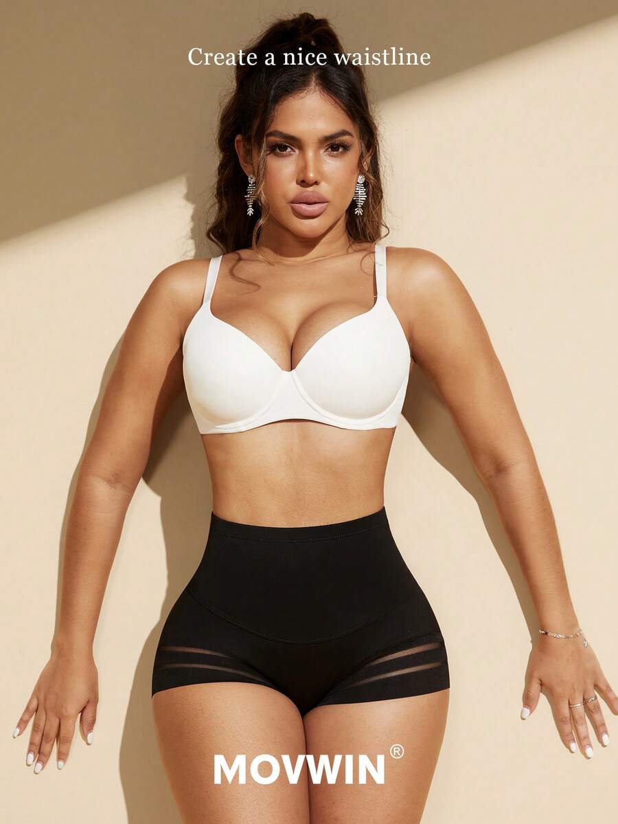 Black high waist shaping panties with striped mesh detailing and ultra light tummy control support for women.