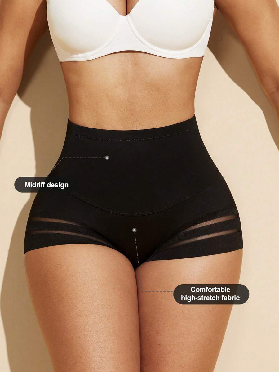 Black high waist shaping panties with striped mesh detailing and ultra light tummy control support for women.