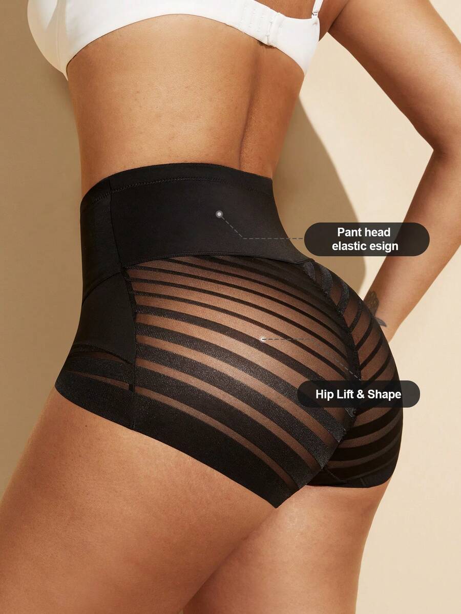 Black high waist shaping panties with striped mesh detailing and ultra light tummy control support for women.