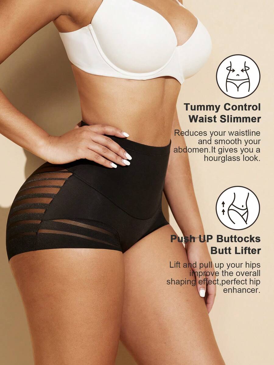 Black high waist shaping panties with striped mesh detailing and ultra light tummy control support for women.