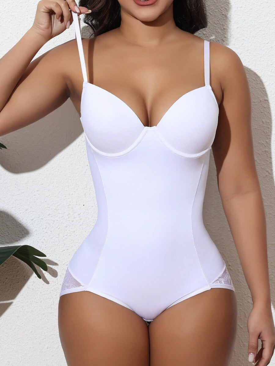 Apricot backless shapewear teddy bodysuit featuring contrast lace trim, non-removable padding, and underwire support.