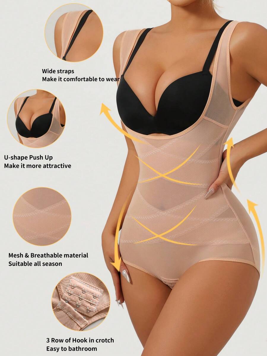 Apricot semi-sheer mesh shapewear bodysuit for women featuring a low-cut neckline, bust support, contrast mesh details, and Bermuda shorts length.