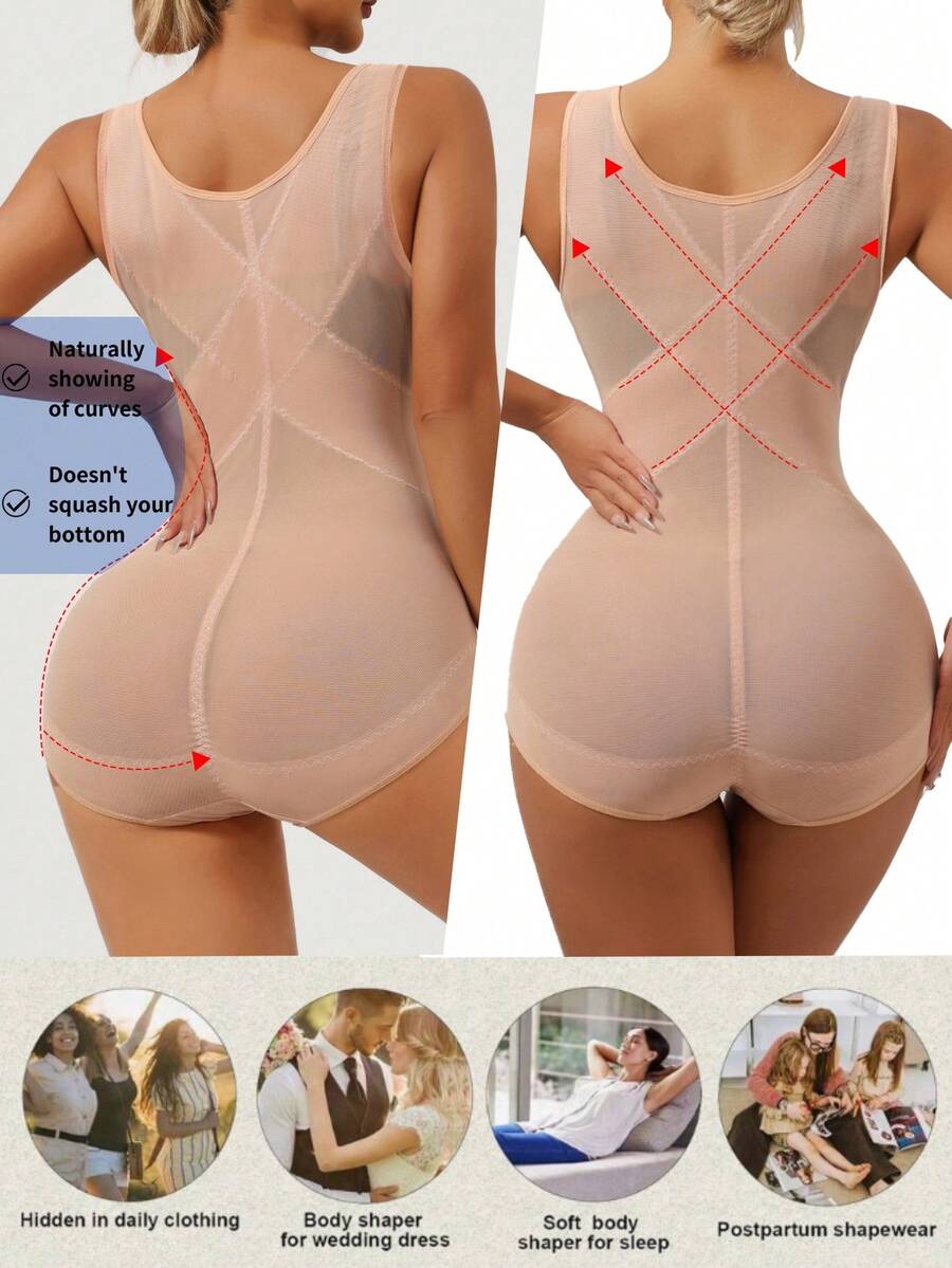 Apricot semi-sheer mesh shapewear bodysuit for women featuring a low-cut neckline, bust support, contrast mesh details, and Bermuda shorts length.