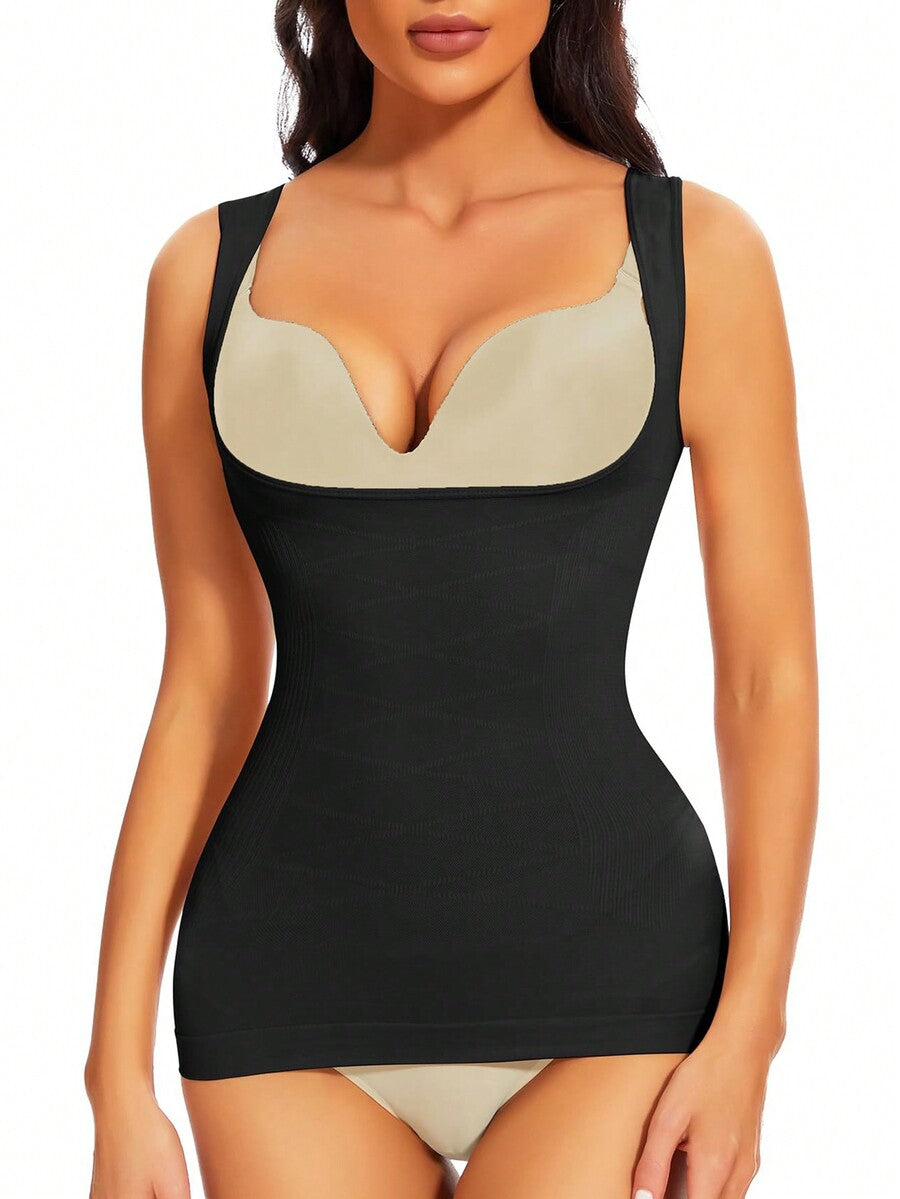 Women's shapewear compression tank top vest featuring wireless bust support and body shaping fit