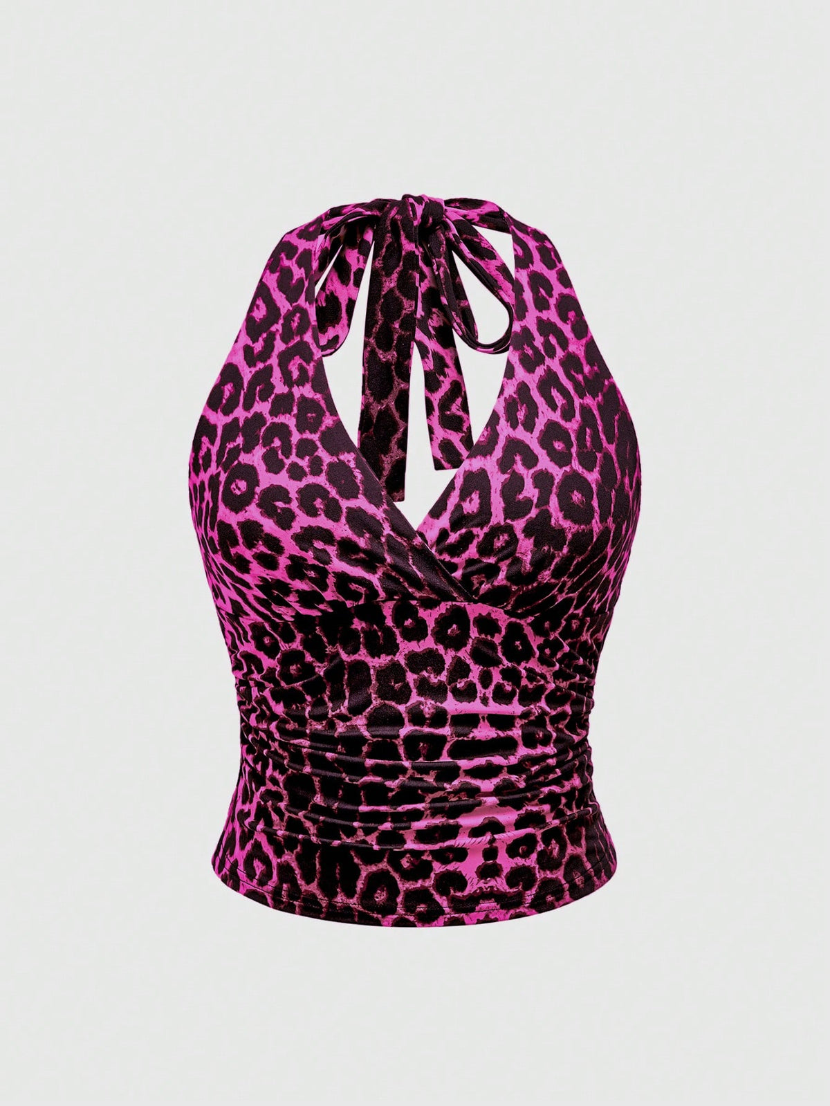 Women's halter crop tank top featuring a backless silhouette and ruched detailing in a slim fit design.
