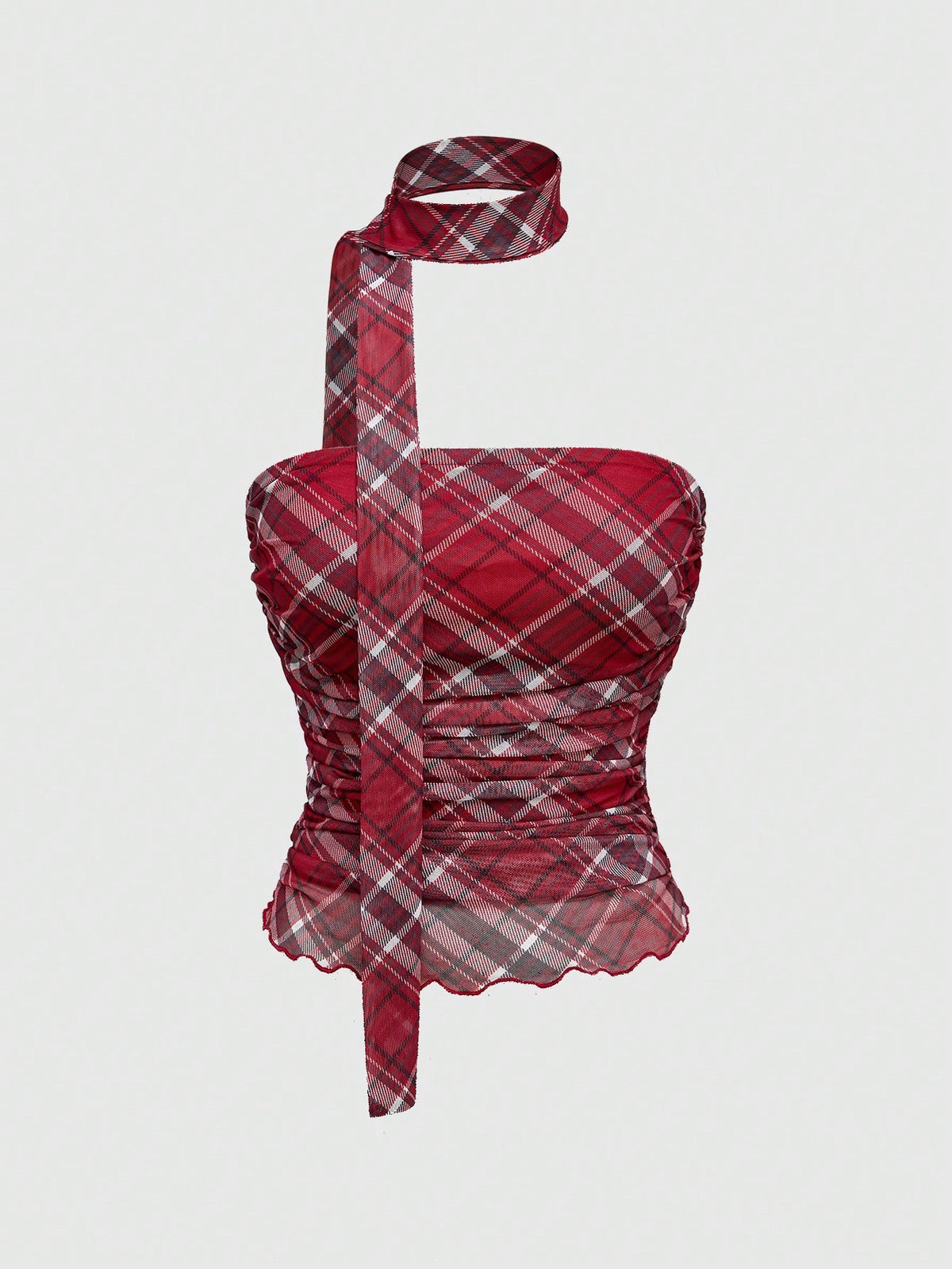 Women's black polka dot strapless tube top made of ruched mesh fabric featuring an asymmetrical hem and matching scarf.