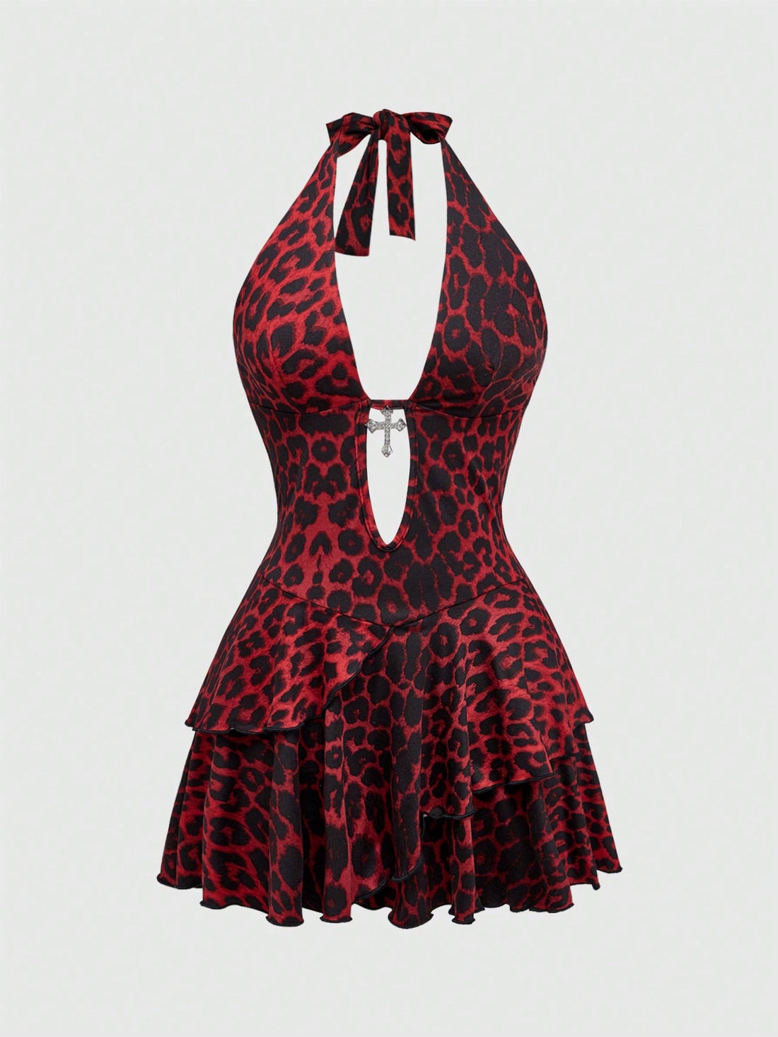 Women's burgundy halter leopard print mini dress featuring a backless cut-out design and tiered layered hem.