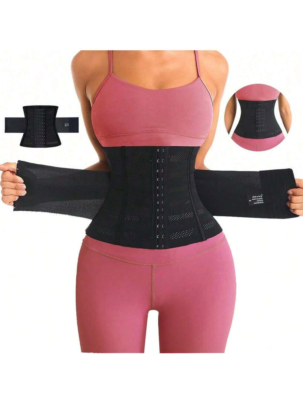 Black adjustable waist cincher shapewear for women made of high stretch knitted fabric for tummy and waist control.