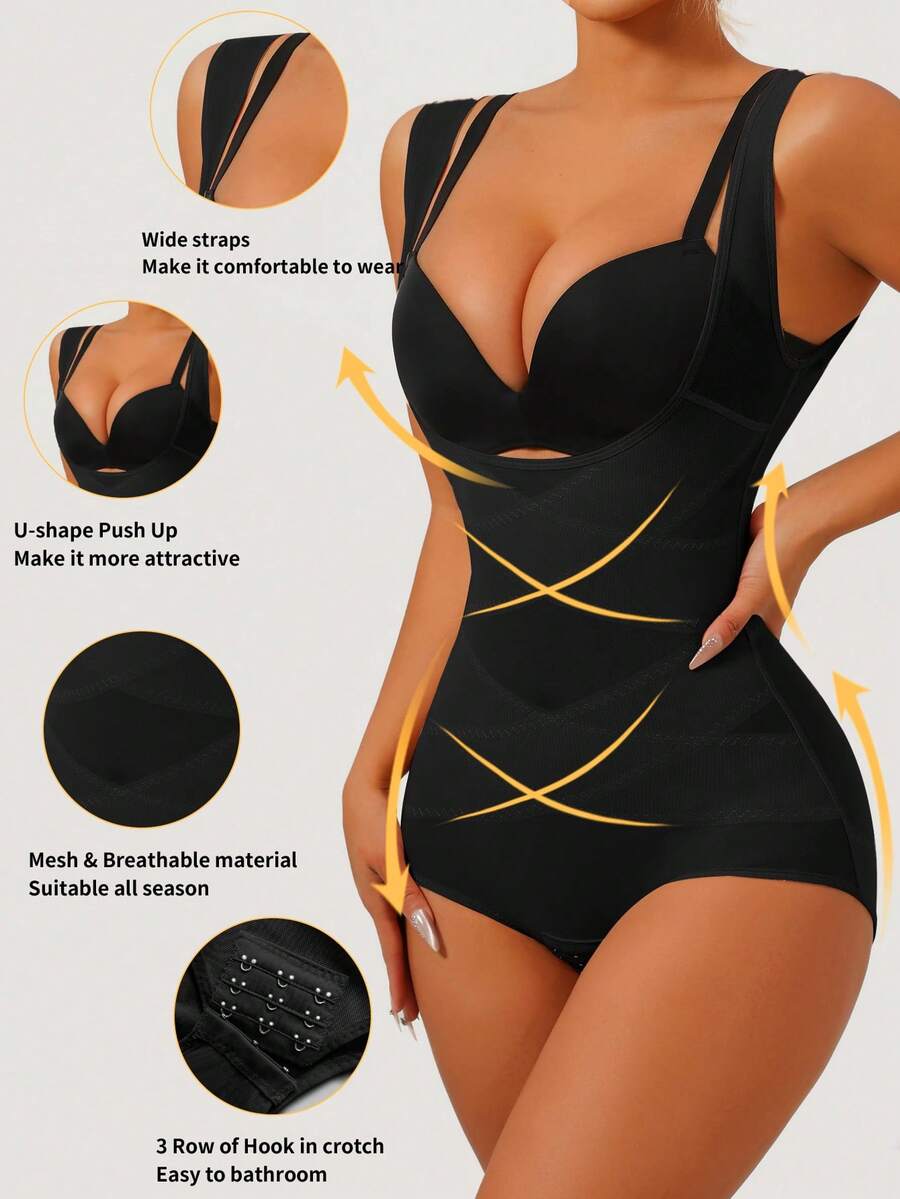 Apricot semi-sheer mesh shapewear bodysuit for women featuring a low-cut neckline, bust support, contrast mesh details, and Bermuda shorts length.