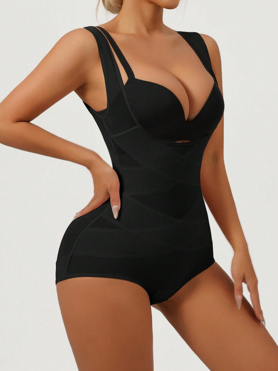Apricot semi-sheer mesh shapewear bodysuit for women featuring a low-cut neckline, bust support, contrast mesh details, and Bermuda shorts length.