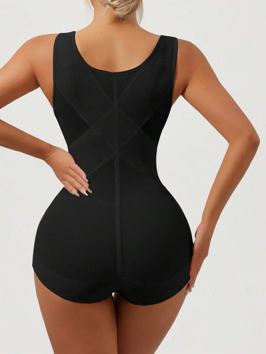 Apricot semi-sheer mesh shapewear bodysuit for women featuring a low-cut neckline, bust support, contrast mesh details, and Bermuda shorts length.