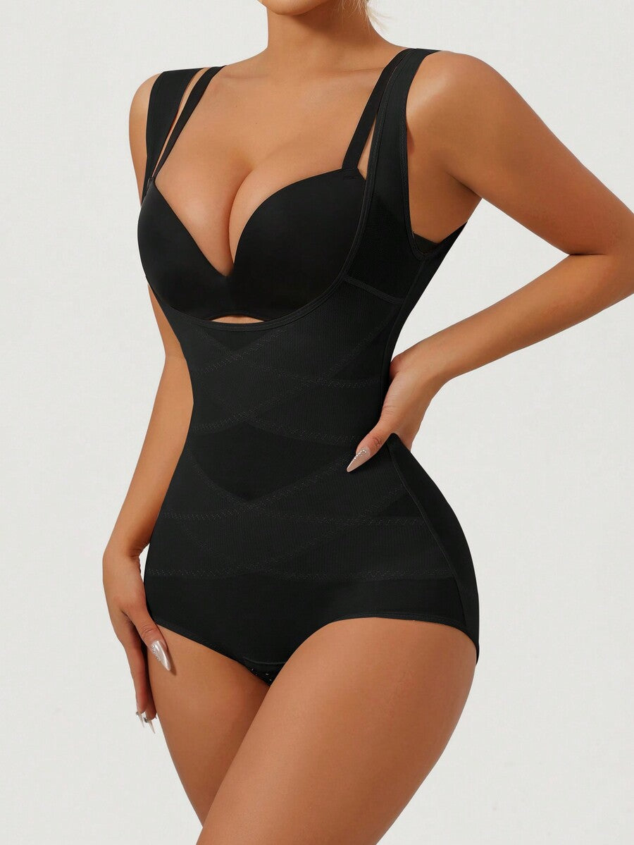 Apricot semi-sheer mesh shapewear bodysuit for women featuring a low-cut neckline, bust support, contrast mesh details, and Bermuda shorts length.