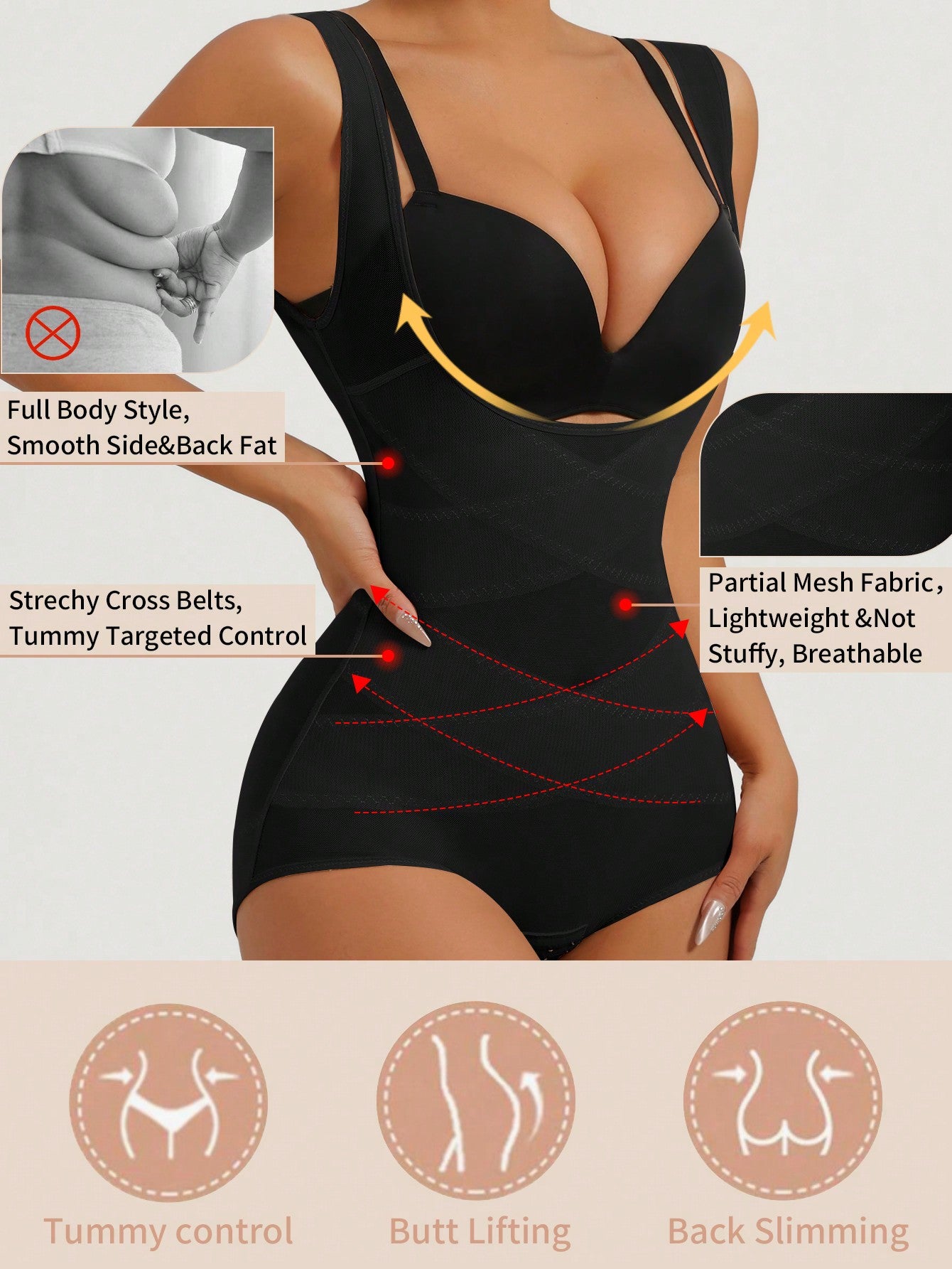 Apricot semi-sheer mesh shapewear bodysuit for women featuring a low-cut neckline, bust support, contrast mesh details, and Bermuda shorts length.