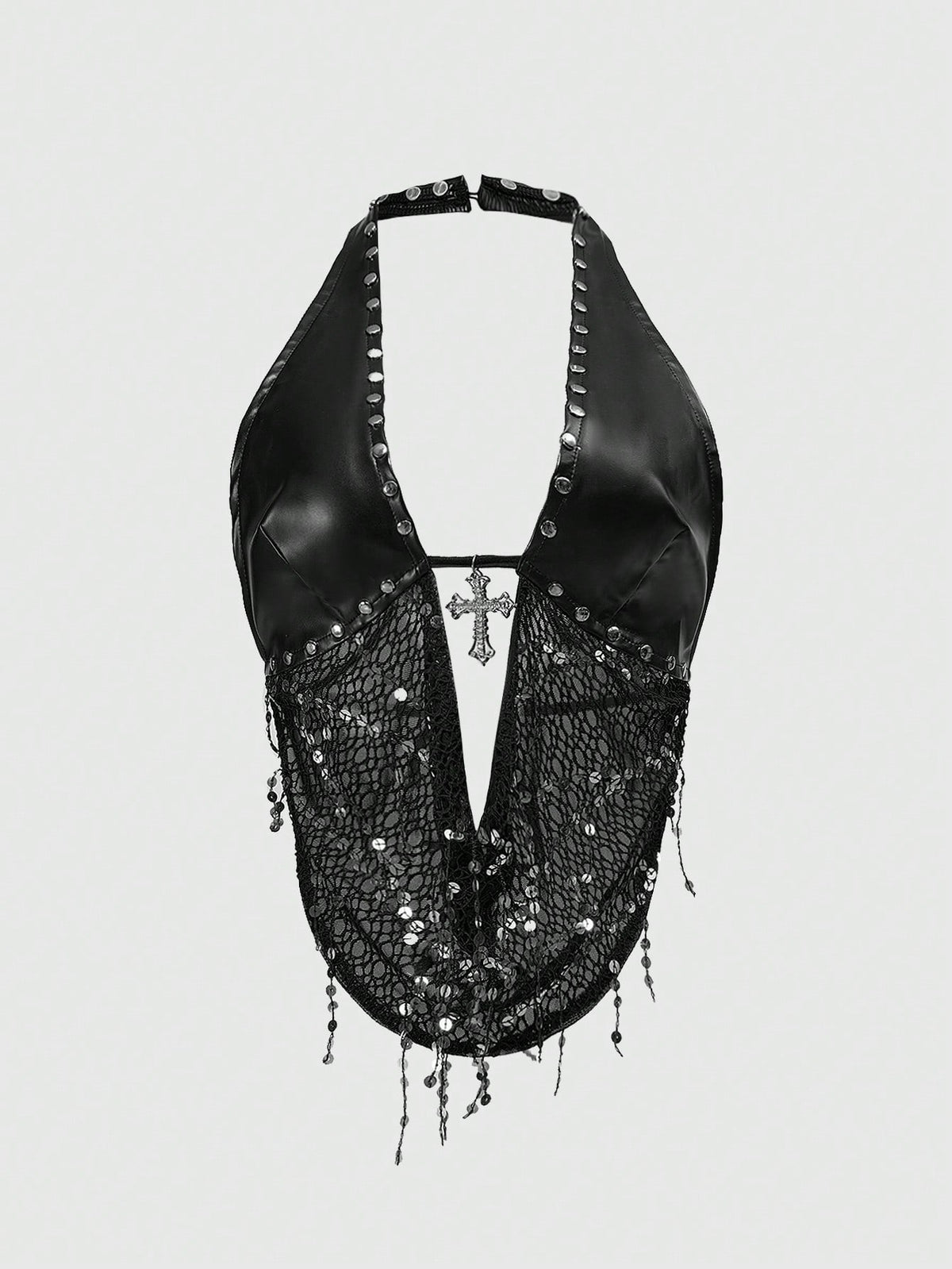 Black sequin backless halter top featuring an asymmetrical hemline and slim fit design for women.