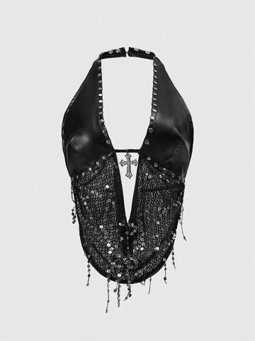 Black sequin backless halter top featuring an asymmetrical hemline and slim fit design for women.