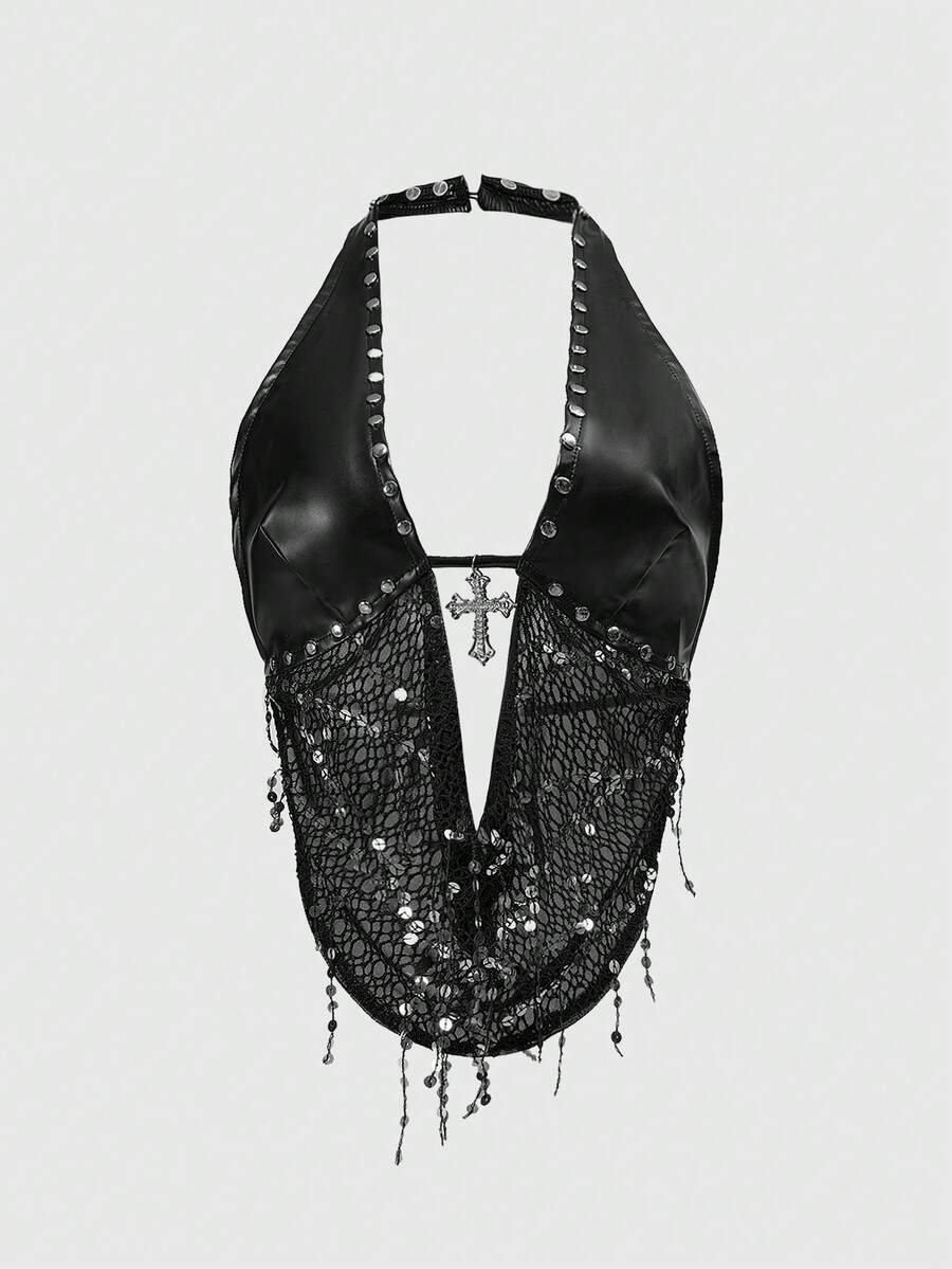 Black sequin backless halter top featuring an asymmetrical hemline and slim fit design for women.