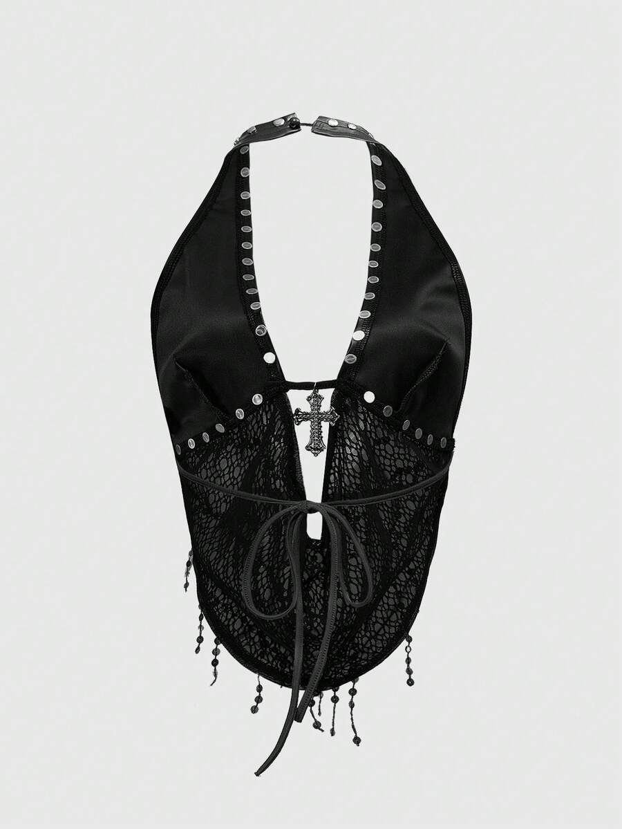 Black sequin backless halter top featuring an asymmetrical hemline and slim fit design for women.