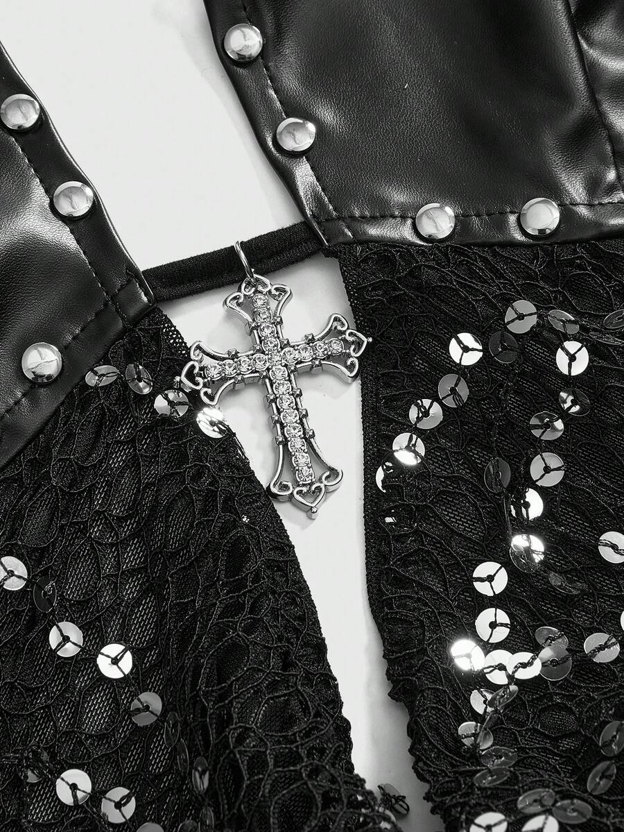 Black sequin backless halter top featuring an asymmetrical hemline and slim fit design for women.