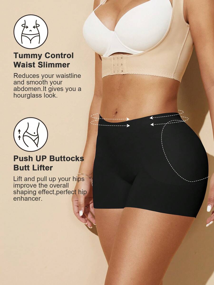 Women's black seamless waist trainer shorts featuring tummy control and butt lifting pads