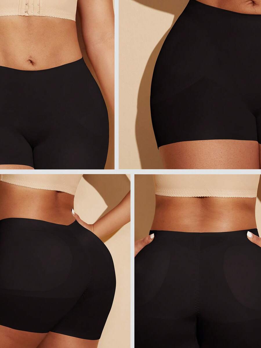 Women's black seamless waist trainer shorts featuring tummy control and butt lifting pads