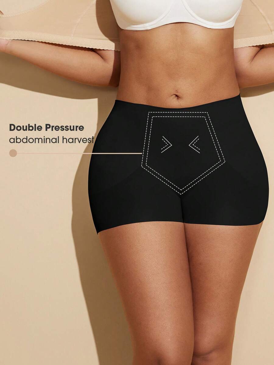 Women's black seamless waist trainer shorts featuring tummy control and butt lifting pads