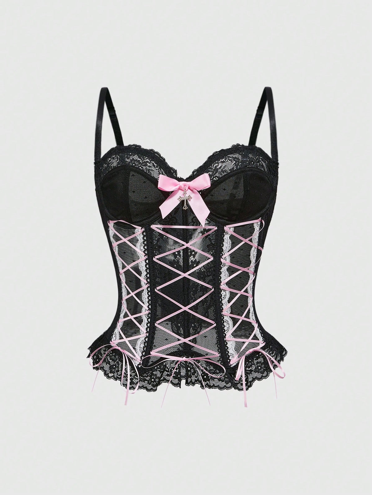 Pink mesh lace-up cami top featuring contrast lace trim, bow straps, and separate arm sleeves