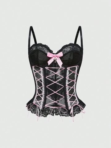 Pink mesh lace-up cami top featuring contrast lace trim, bow straps, and separate arm sleeves
