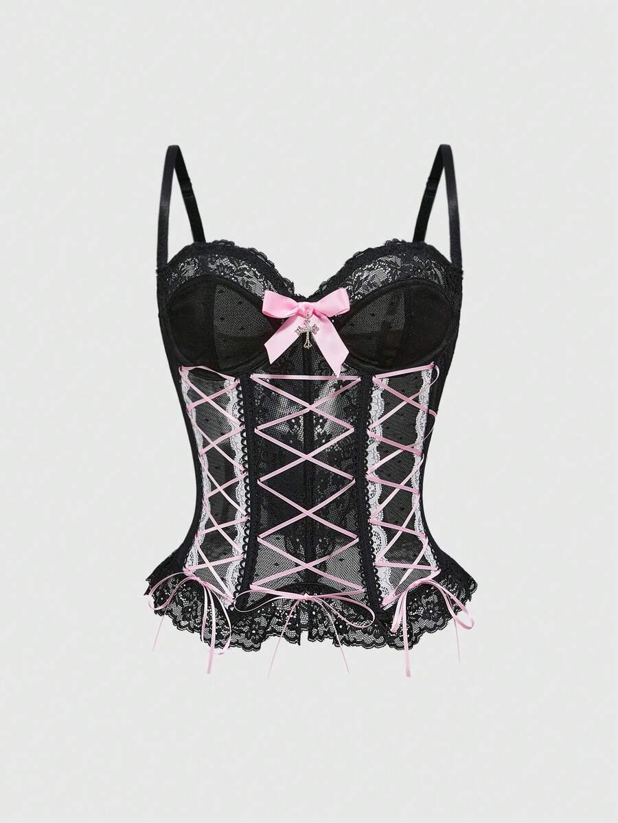 Pink mesh lace-up cami top featuring contrast lace trim, bow straps, and separate arm sleeves