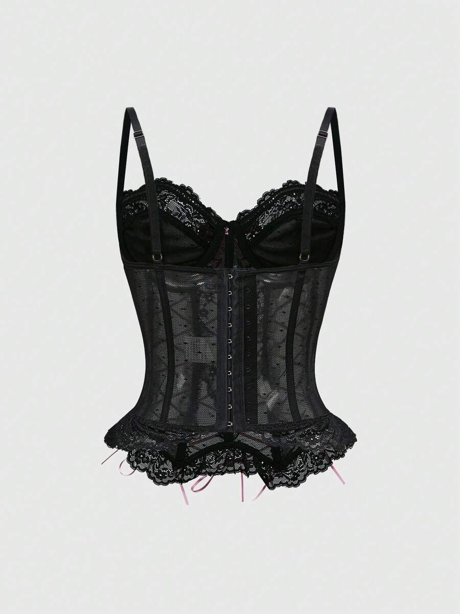 Pink mesh lace-up cami top featuring contrast lace trim, bow straps, and separate arm sleeves