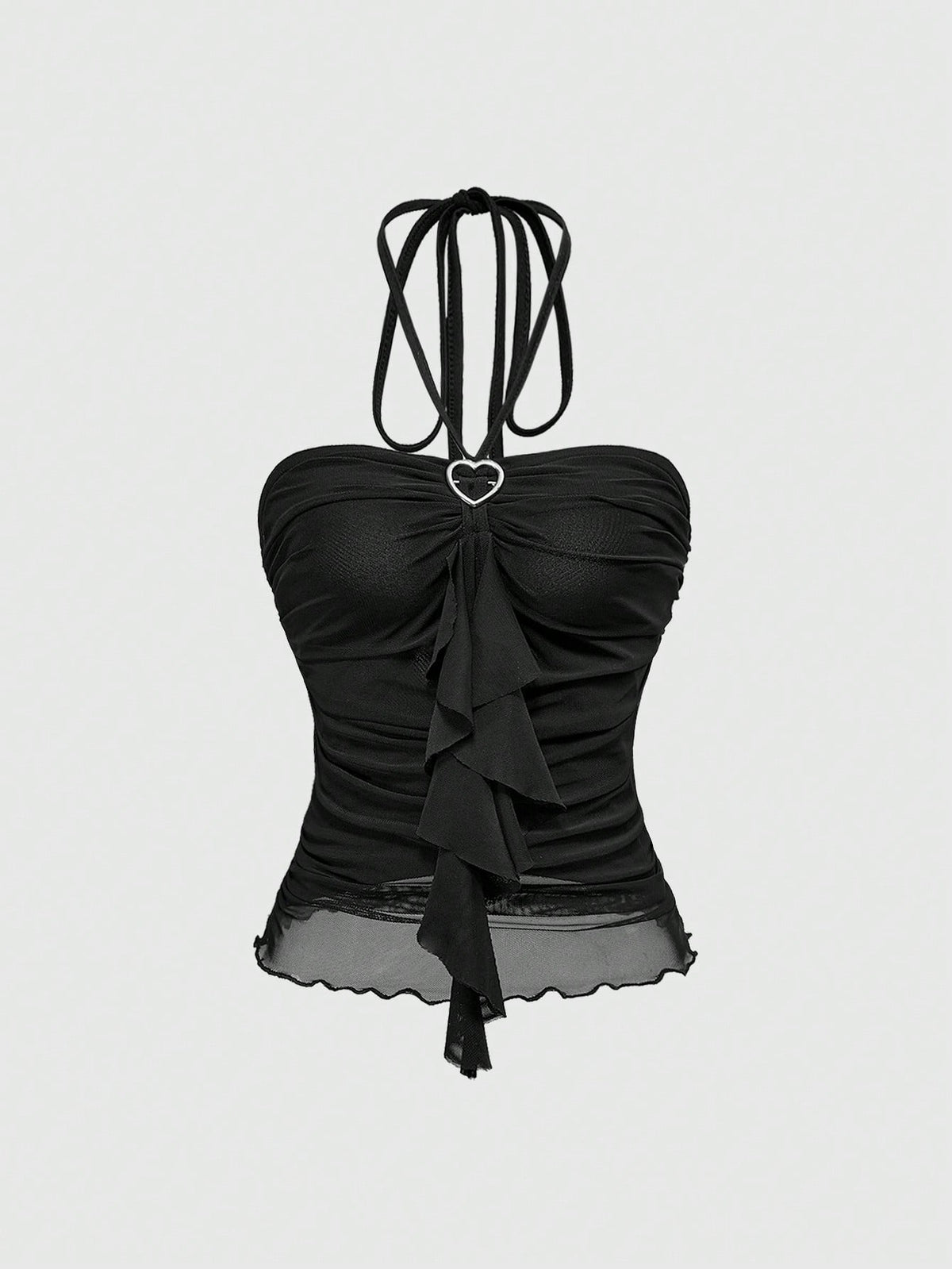 Women's black halter crop top featuring a backless cut, front ring detail, knot accent, asymmetrical hem, and high-stretch mesh fabric.