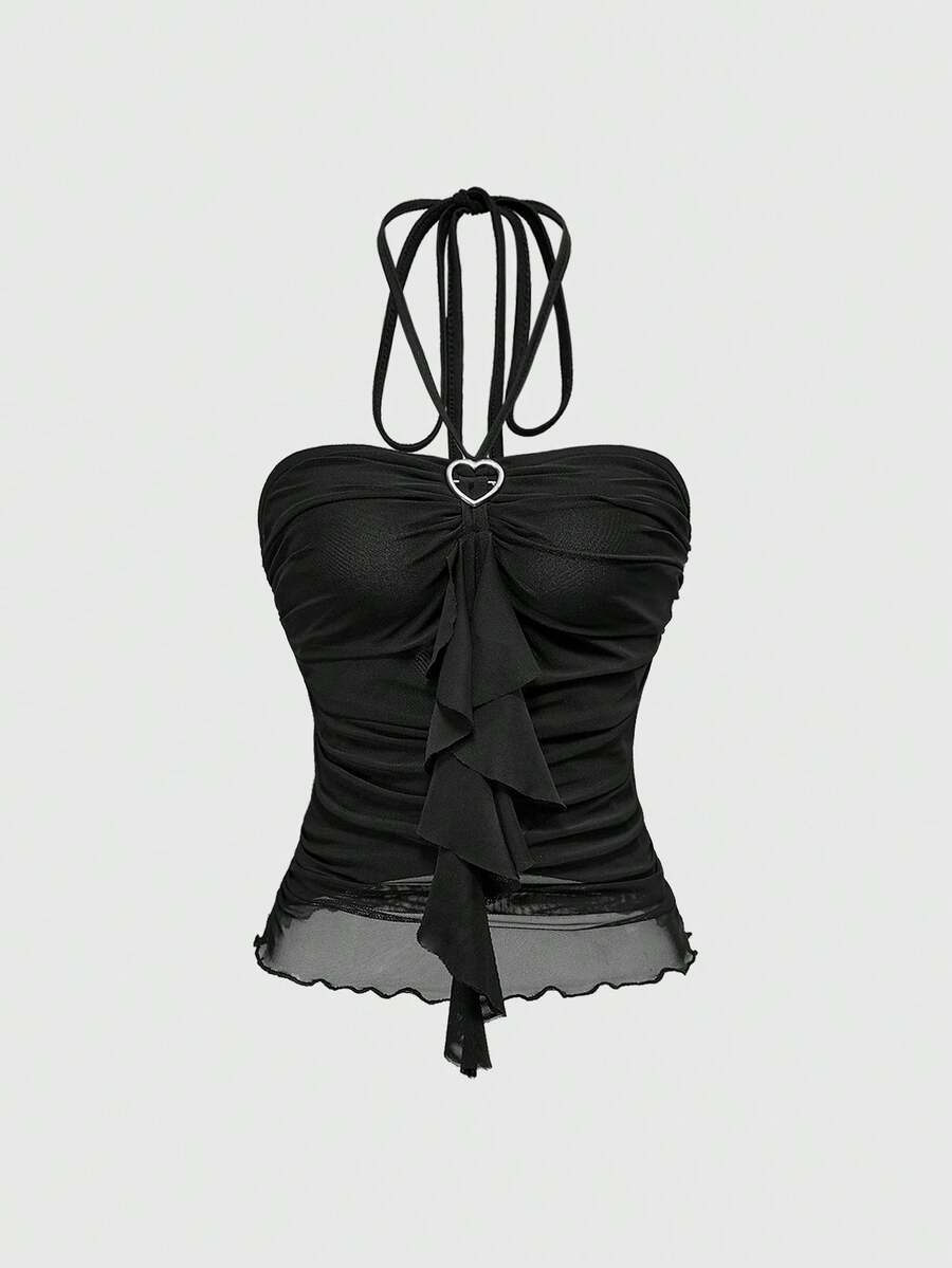 Women's black halter crop top featuring a backless cut, front ring detail, knot accent, asymmetrical hem, and high-stretch mesh fabric.