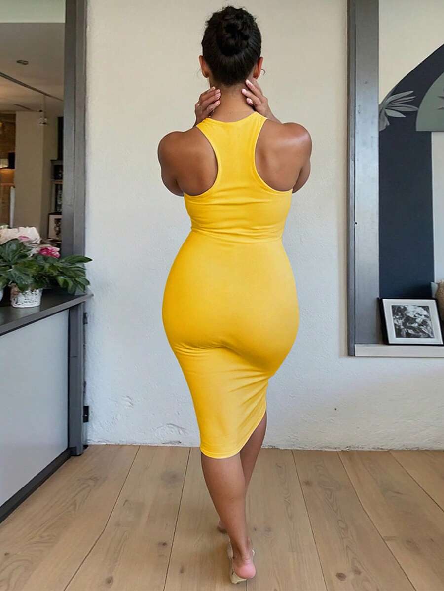 Women's apricot long bodycon dress with short sleeves, scoop neck, and side split hem.