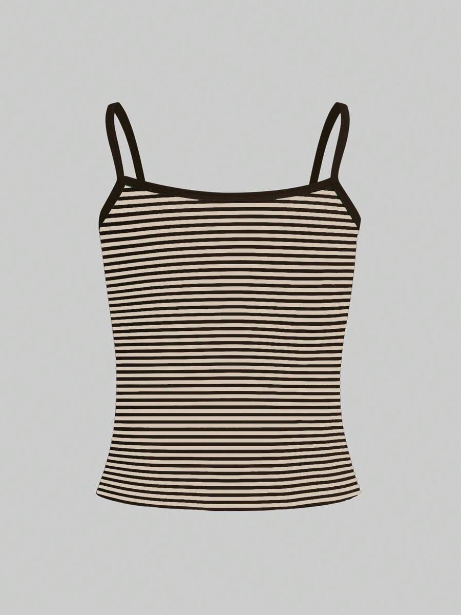 Women's pink striped crop camisole featuring criss cross spaghetti straps and slim fit design.