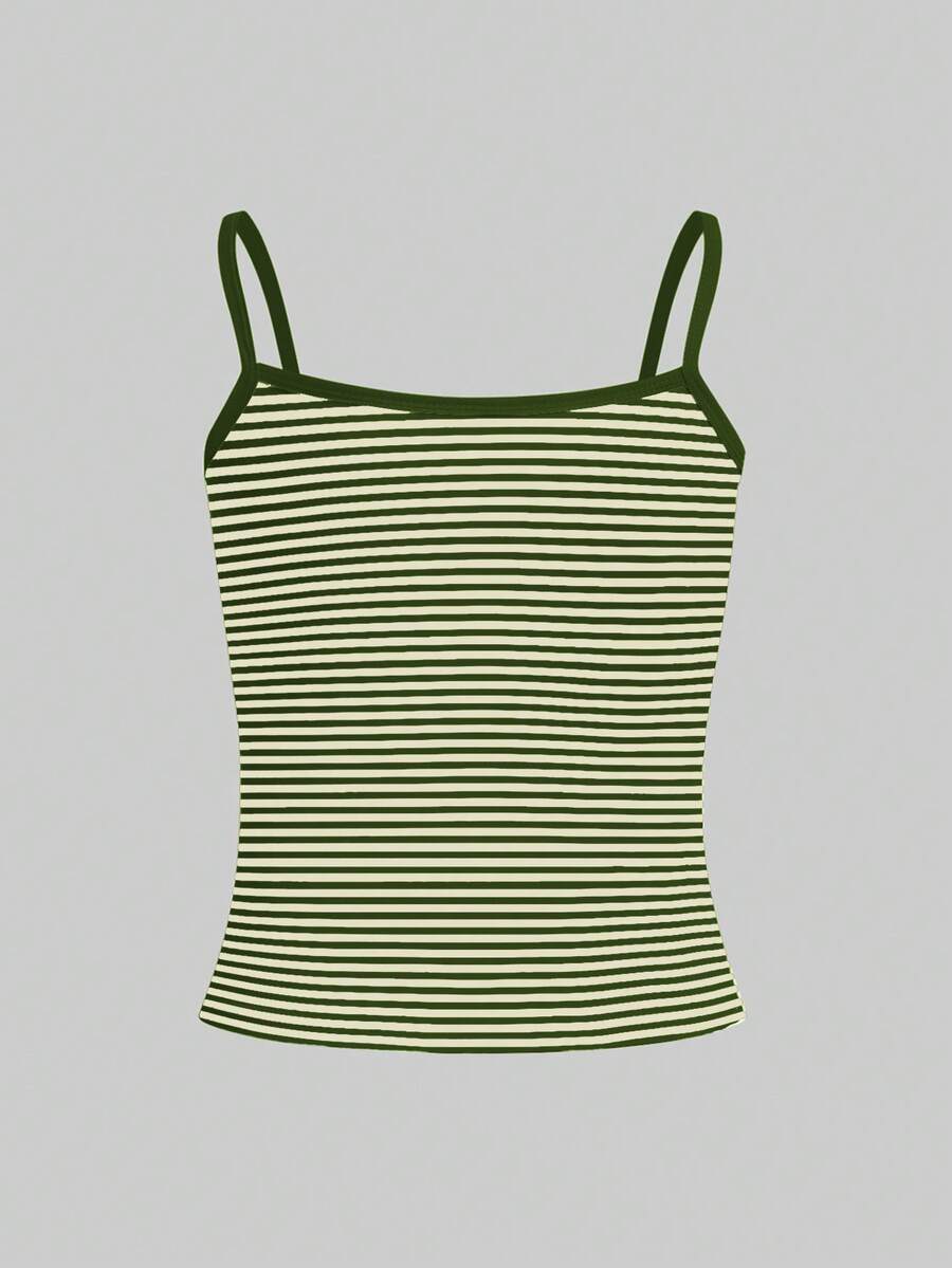 Women's pink striped crop camisole featuring criss cross spaghetti straps and slim fit design.
