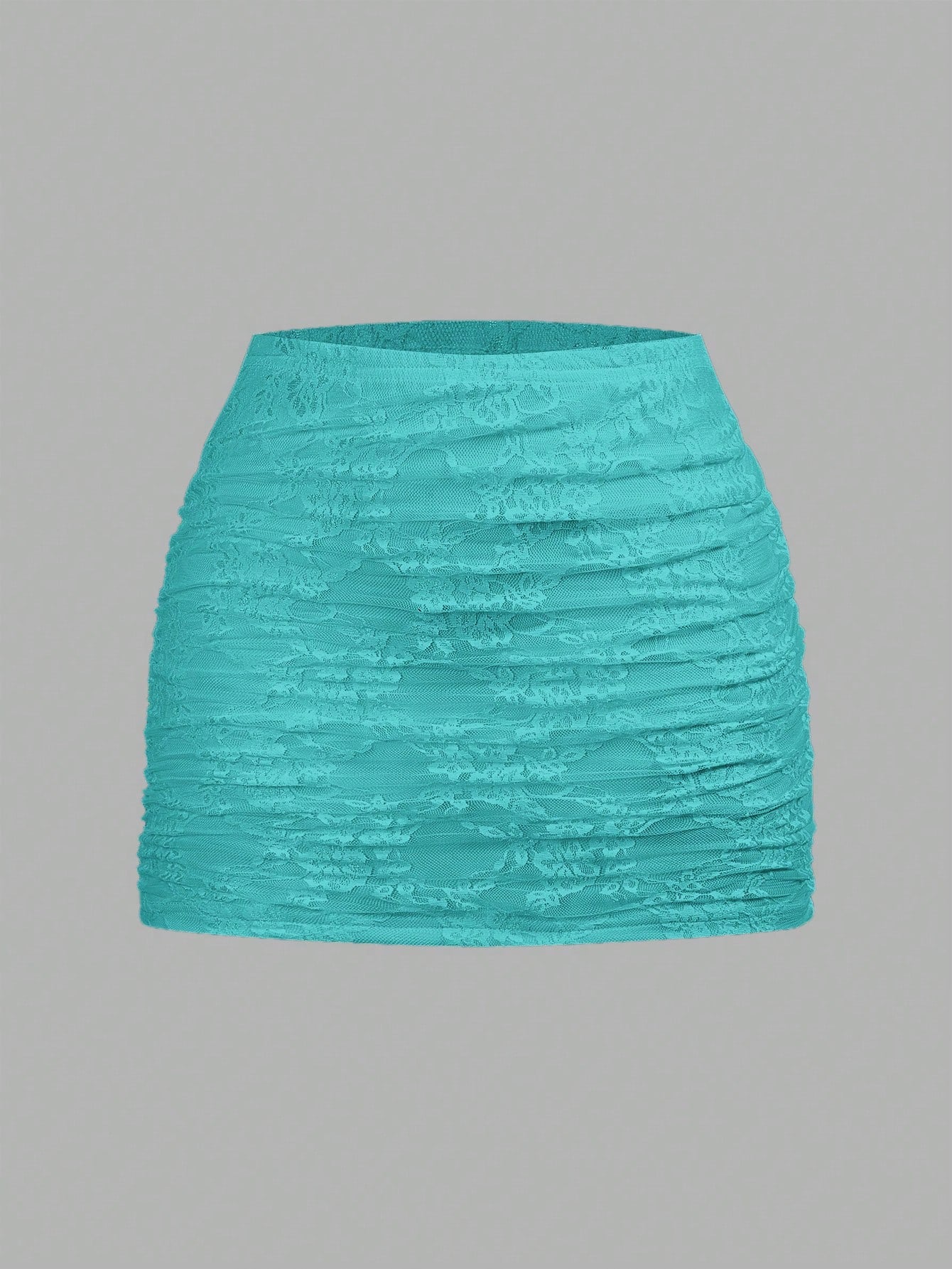 Women's black floral lace mini skirt featuring a ruched bodycon design, mid waist, and high stretch lined fabric.