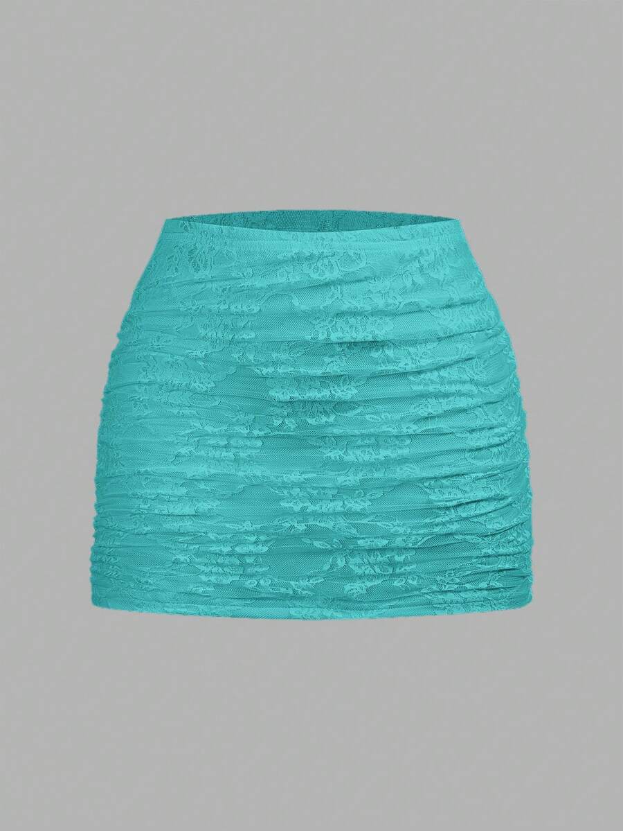 Women's black floral lace mini skirt featuring a ruched bodycon design, mid waist, and high stretch lined fabric.