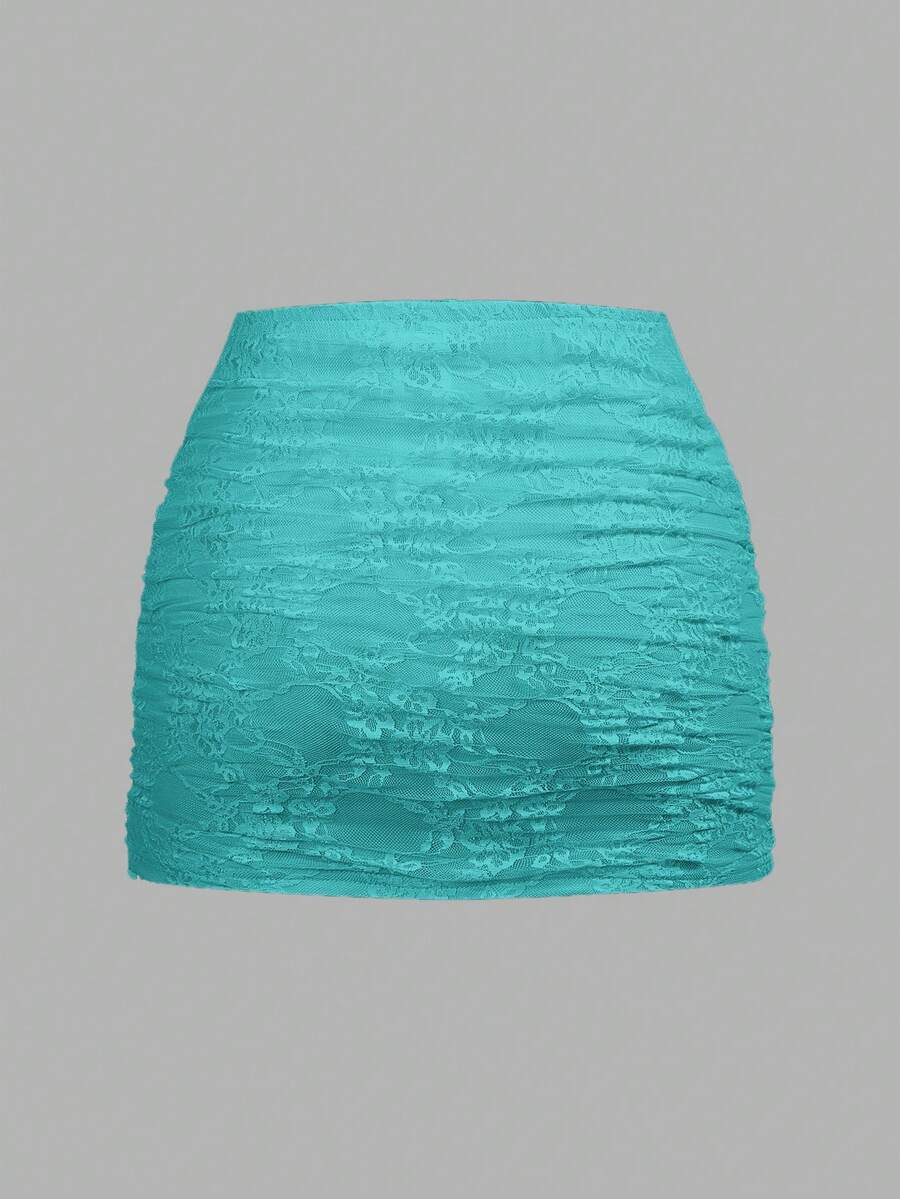 Women's black floral lace mini skirt featuring a ruched bodycon design, mid waist, and high stretch lined fabric.