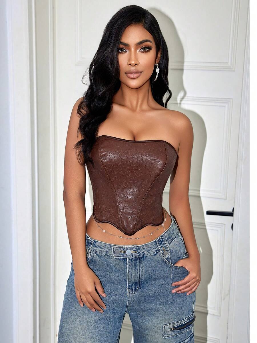 Brown vintage floral textured PU leather bustier crop top for women featuring a strapless backless design, steel boning, asymmetrical hem, and lace-up back detail.