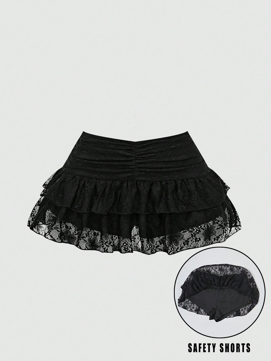 Women's low-waist black lace ruffle mini skirt featuring a layered tiered design with contrast lace trim.