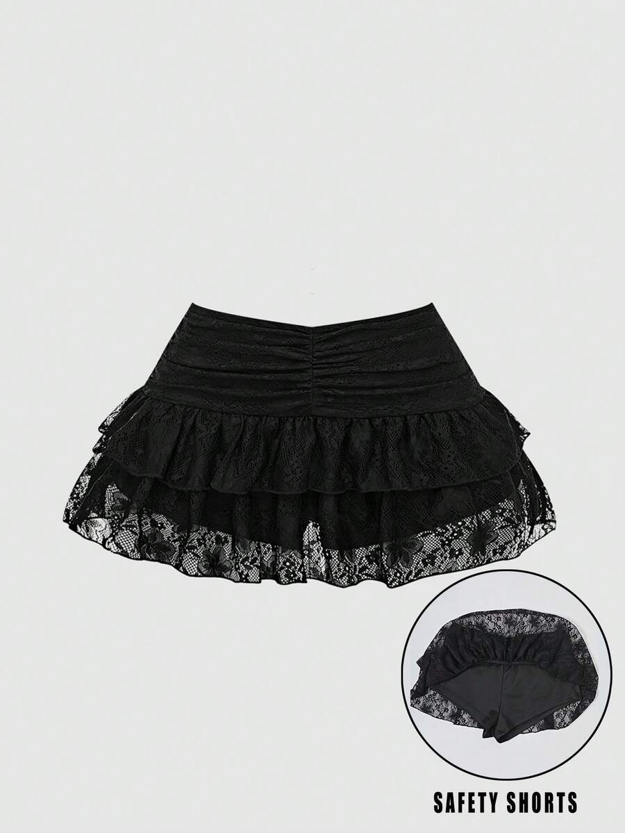 Women's low-waist black lace ruffle mini skirt featuring a layered tiered design with contrast lace trim.