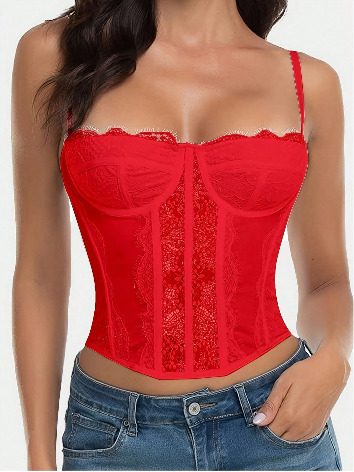 Black lace bustier corset top for women with asymmetrical contrast lace, lace-up detail, sleeveless crop cut, and light support.