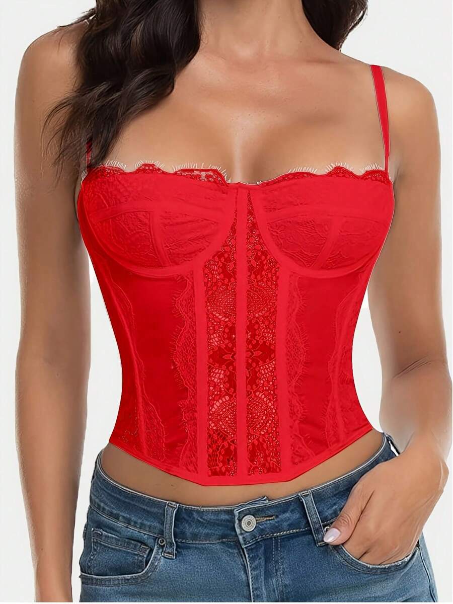 Black lace bustier corset top for women with asymmetrical contrast lace, lace-up detail, sleeveless crop cut, and light support.