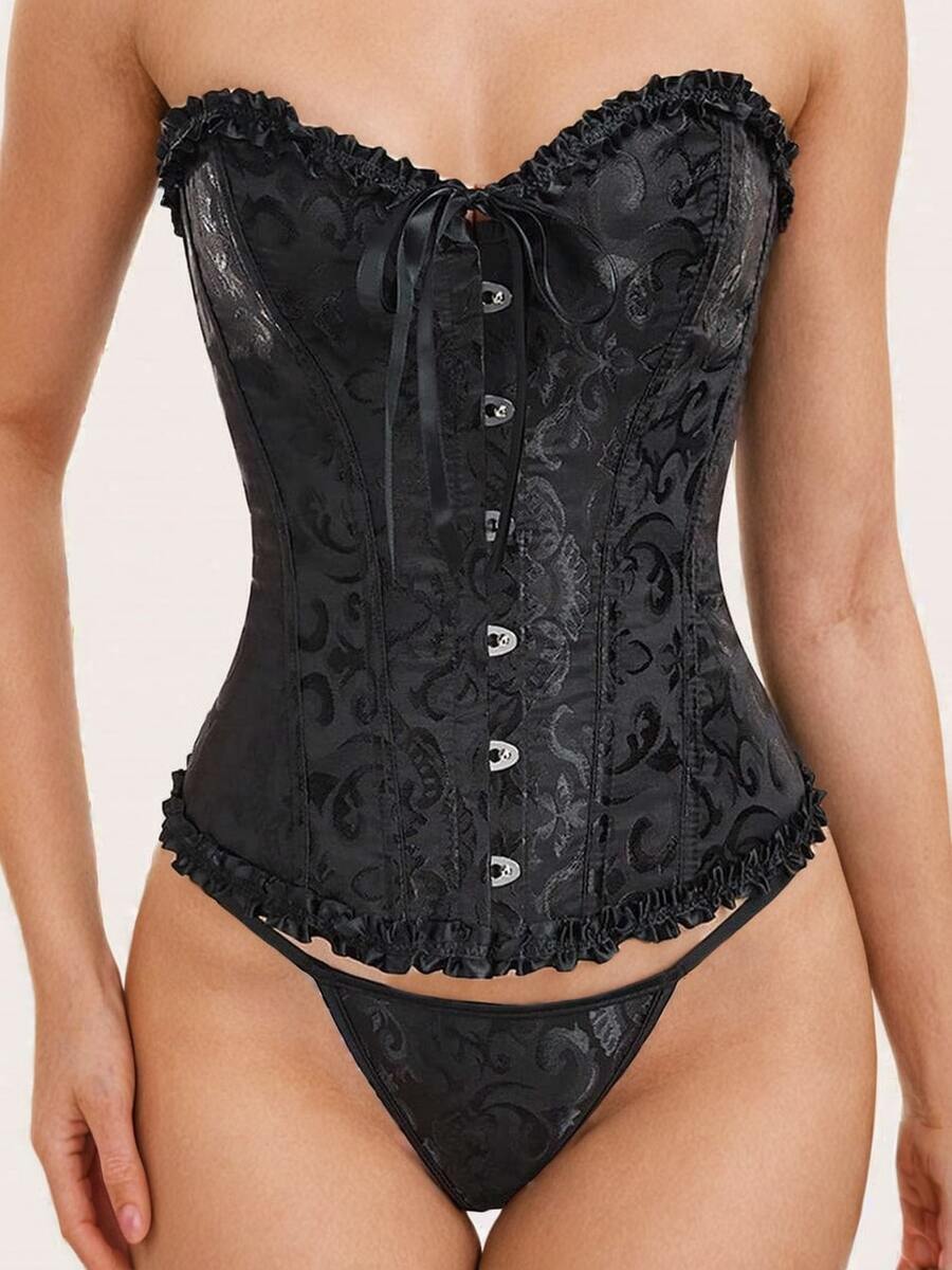 Pink strapless corset top with front hook-and-eye closure, grommet eyelet lace-up back, and frill detailing paired with a matching thong.